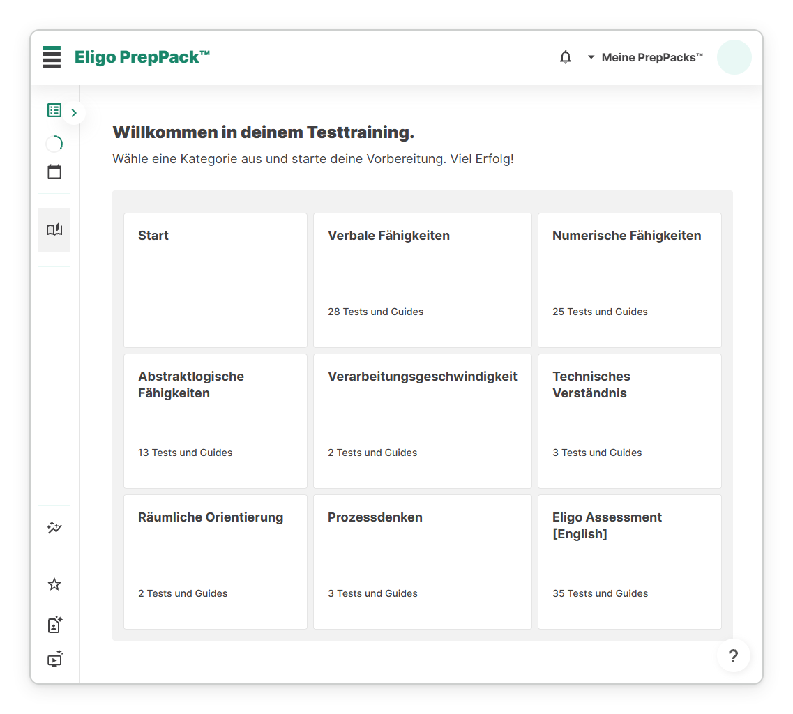 Startseite des Eligo PrepPack auf der Lernplattform mit der Liste der Module und ihrer Tests