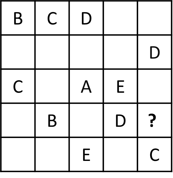 Lateinisches Quadrat: Buchstaben A–E, ein Feld mit Fragezeichen ist zu ergänzen.