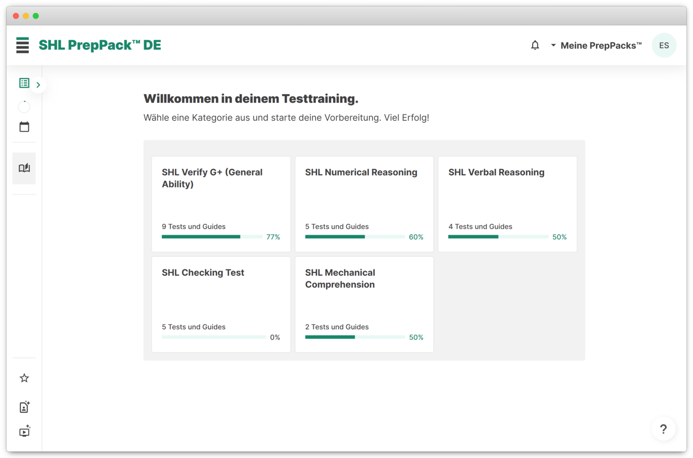 PrepPack-Übersicht im JobTestPrep Dashboard mit Modul-Liste und Fortschrittsanzeige