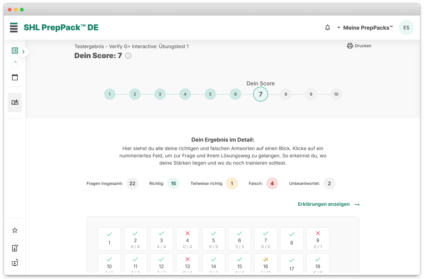 Ergebnisbericht nach einer SHL-Testsimulation mit Score, Modul-Aufschlüsselung und Trainingsempfehlungen